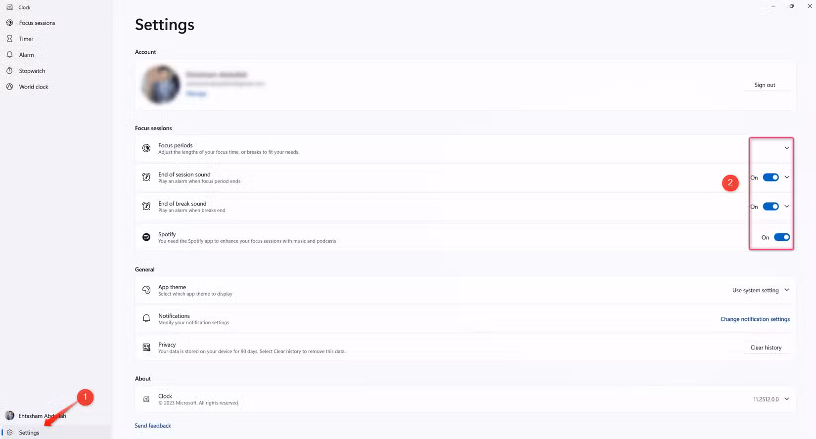 Adjusting the settings of the Focus Sessions in the Clock app on Windows.