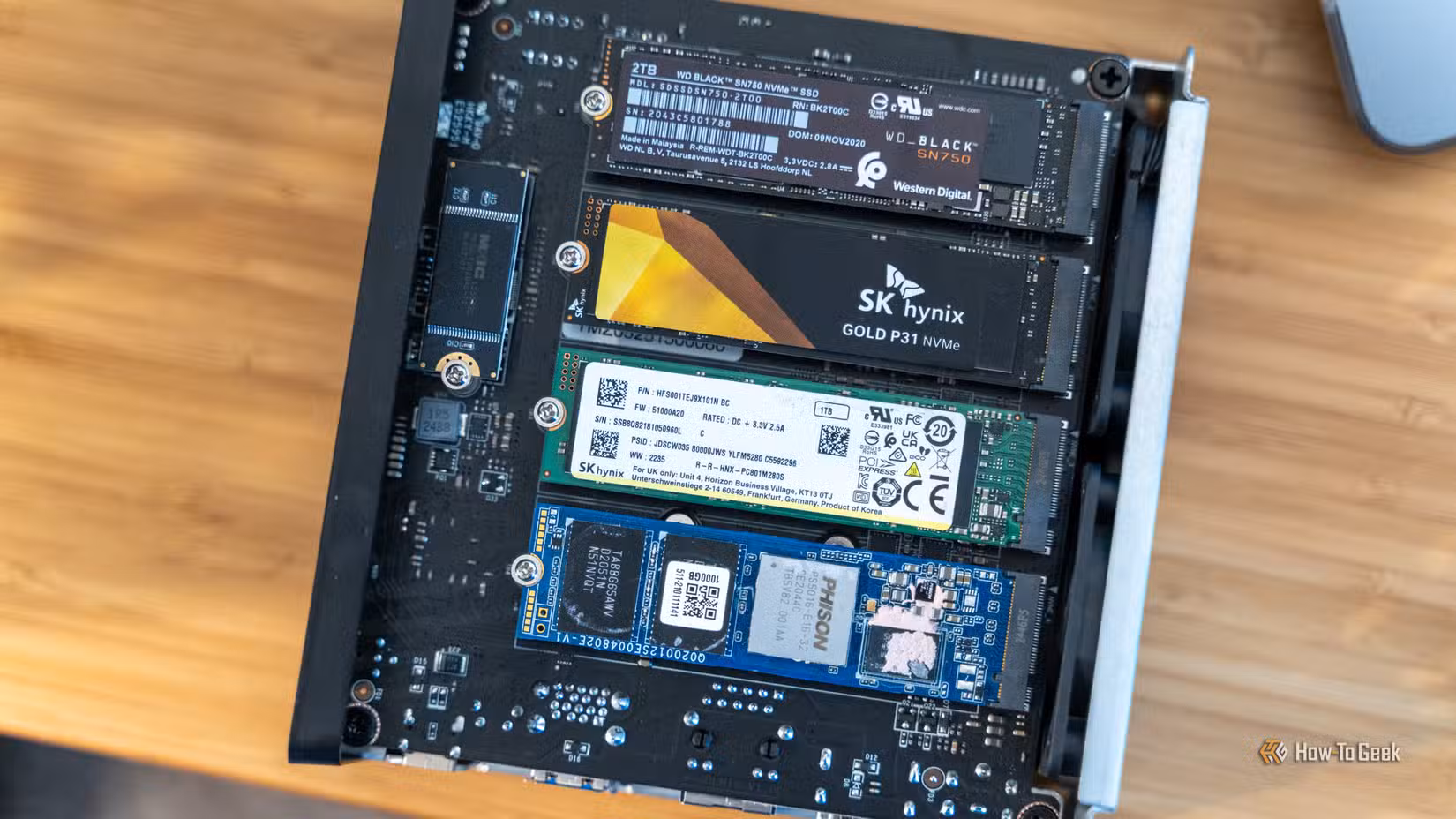 Four different NVMe SSDs installed in the TerraMaster F4 SSD NAS.
