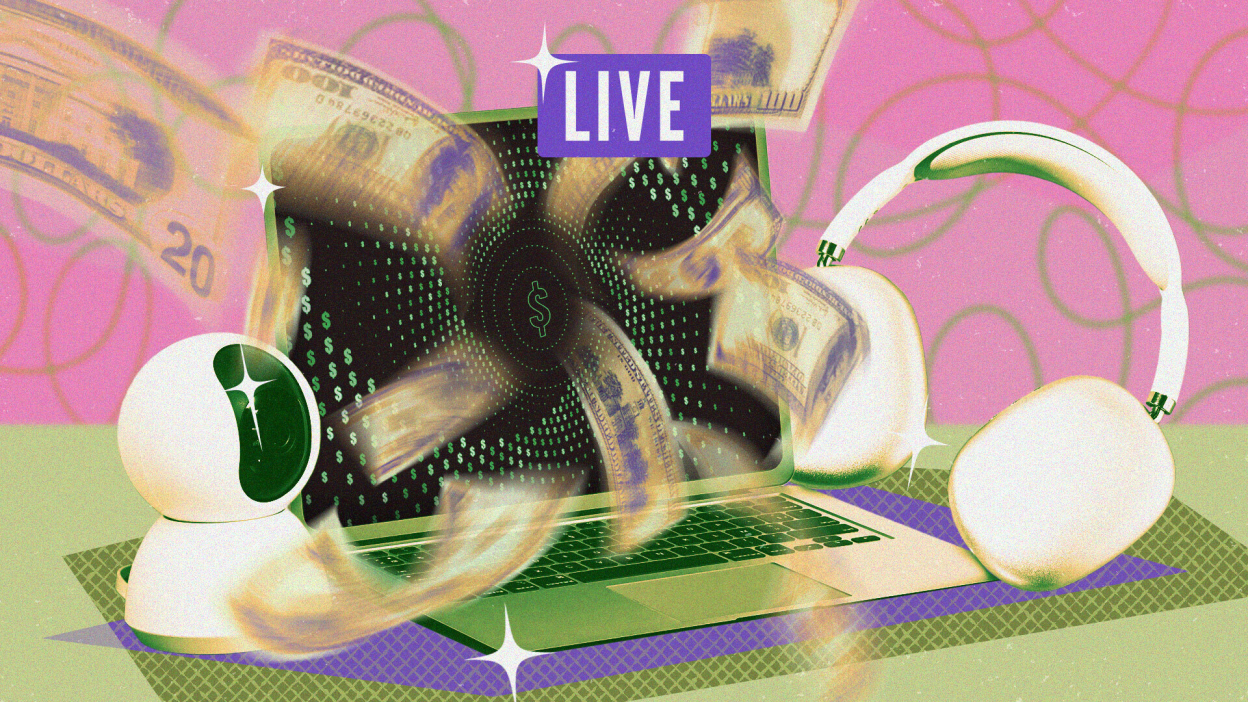 A laptop with a vortex of dollar bills and a camera and headphone being sucked into it with the word "Live" on top.