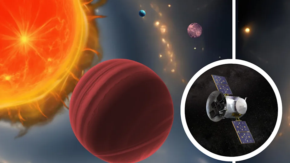 An illustration of an exoplanet next to a star. There's also a smaller world in the back. A boxout shows a spacecraft. 