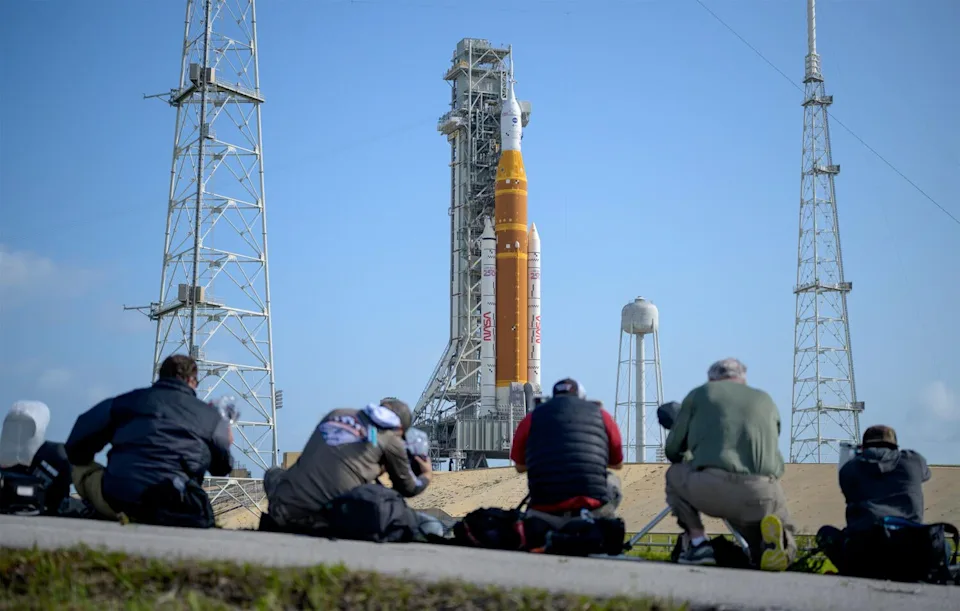 Photographers set up remote cameras near launch pad 39B at the Kennedy Space Center on Sunday to capture the huge Space Launch System rocket as it blasts off Wednesday, sending four astronauts on a trip to the moon. / Credit: NASA