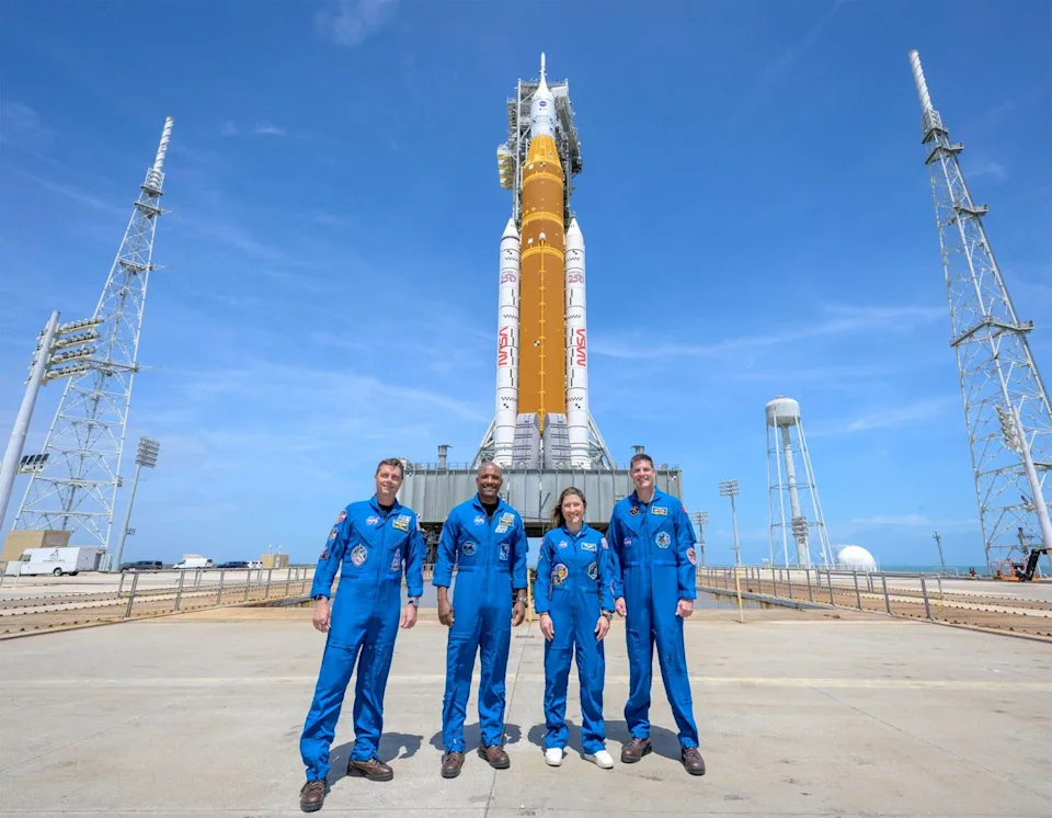 The Artemis II astronauts visited launch pad 39B Monday to get an up-close look at their Space Launch System rocket. Left to right: commander Reid Wiseman, Victor Glover, Christina Koch and Canadian astronaut Jeremy Hansen. / Credit: NASA