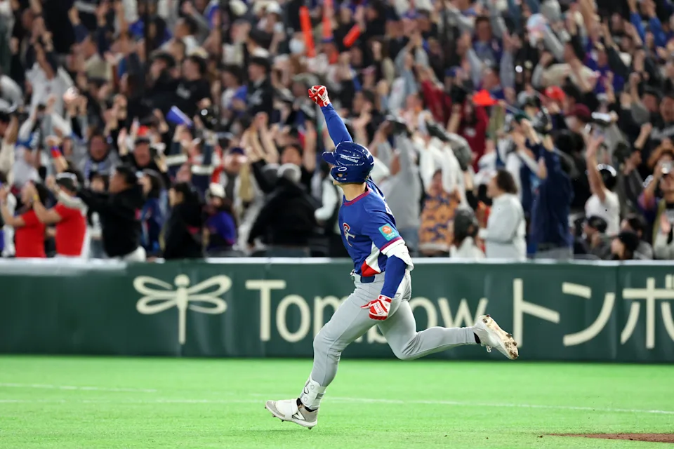 TOKYO, JAPAN - MARCH 08: Stuart Fairchild #17 of Team Chinese Taipei celebrates after hitting a two run home run in the eighth inning during the 2026 World Baseball Classic Pool C game between Chinese Taipei and South Korea at Tokyo Dome on March 8, 2026 in Tokyo, Japan. (Photo by Chung Sung-Jun/Getty Images) | Getty Images