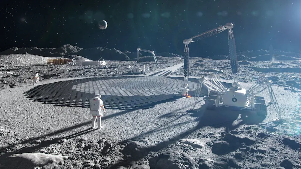 An artist's rendering of a NASA Artemis moon base with development underway.