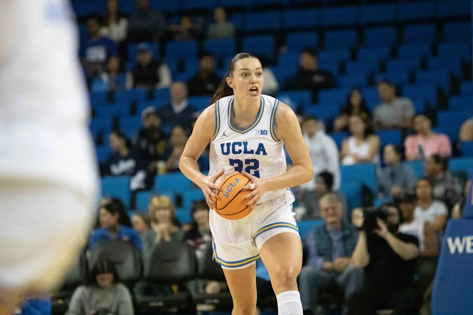 UCLA forward Angela Dugalic (32) looks for a pass during a NCAA basketball game between UCLA and Southern University on Sunday, November 23, 2025 at Pauley Pavilion in Los Angeles, CA.