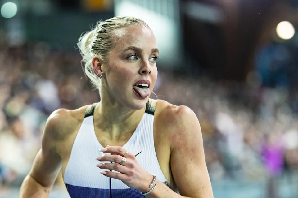 Britain's Keely Hodgkinson reacts after breaking the world record in the 800m Women final (AFP/Getty)