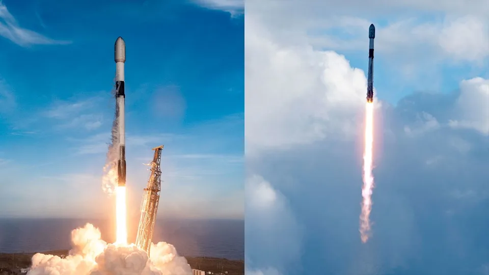 Montage of two photos showing white and black rockets launching to blue skies .