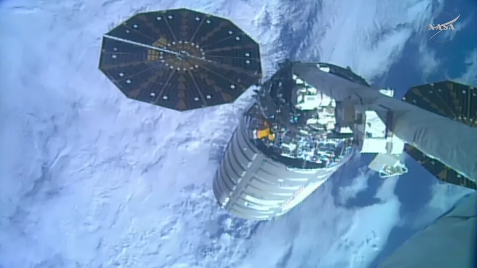 Northrop Grumman’s Cygnus XL cargo craft is pictured installed to the Unity module’s Earth-facing port as the International Space Station orbited 262 miles (422 kilometers) above the Atlantic Ocean off the coast of South Africa.
