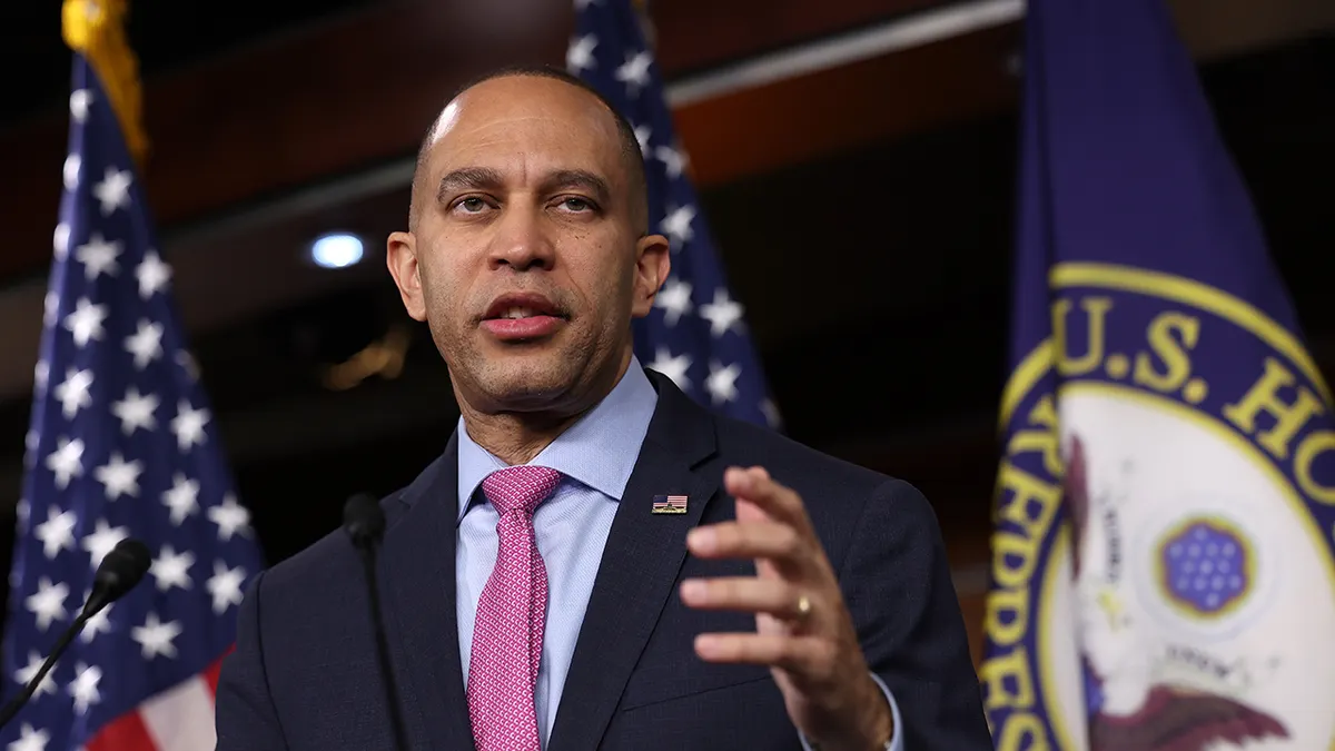 House Minority Leader Hakeem Jeffries speaks during a press conference.
