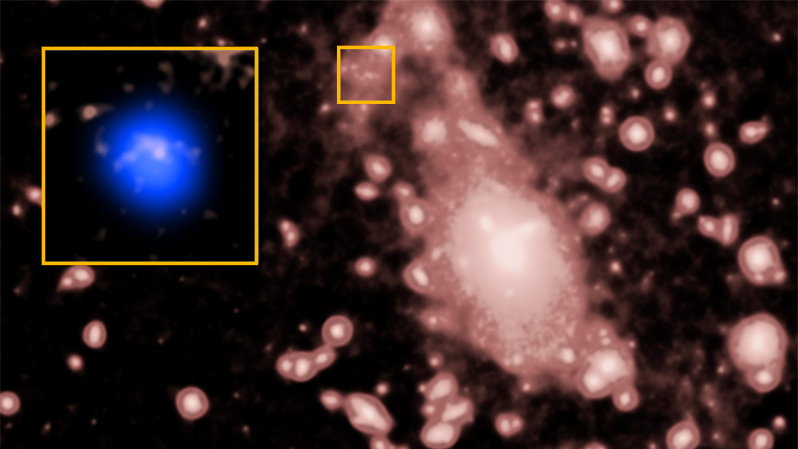 X-ray photo of the stream of gas showing the new galaxy's location
