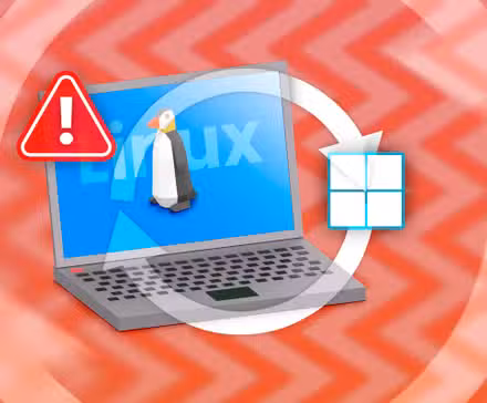 A laptop with Linux, the Windows logo next to it, a swap icon in the center, and a warning sign.