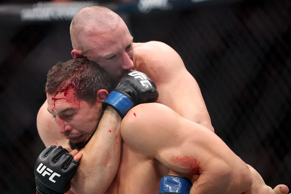 Rising middleweight contender Joe Pyfer (right) during a win over Abus Magomedov (Getty Images)