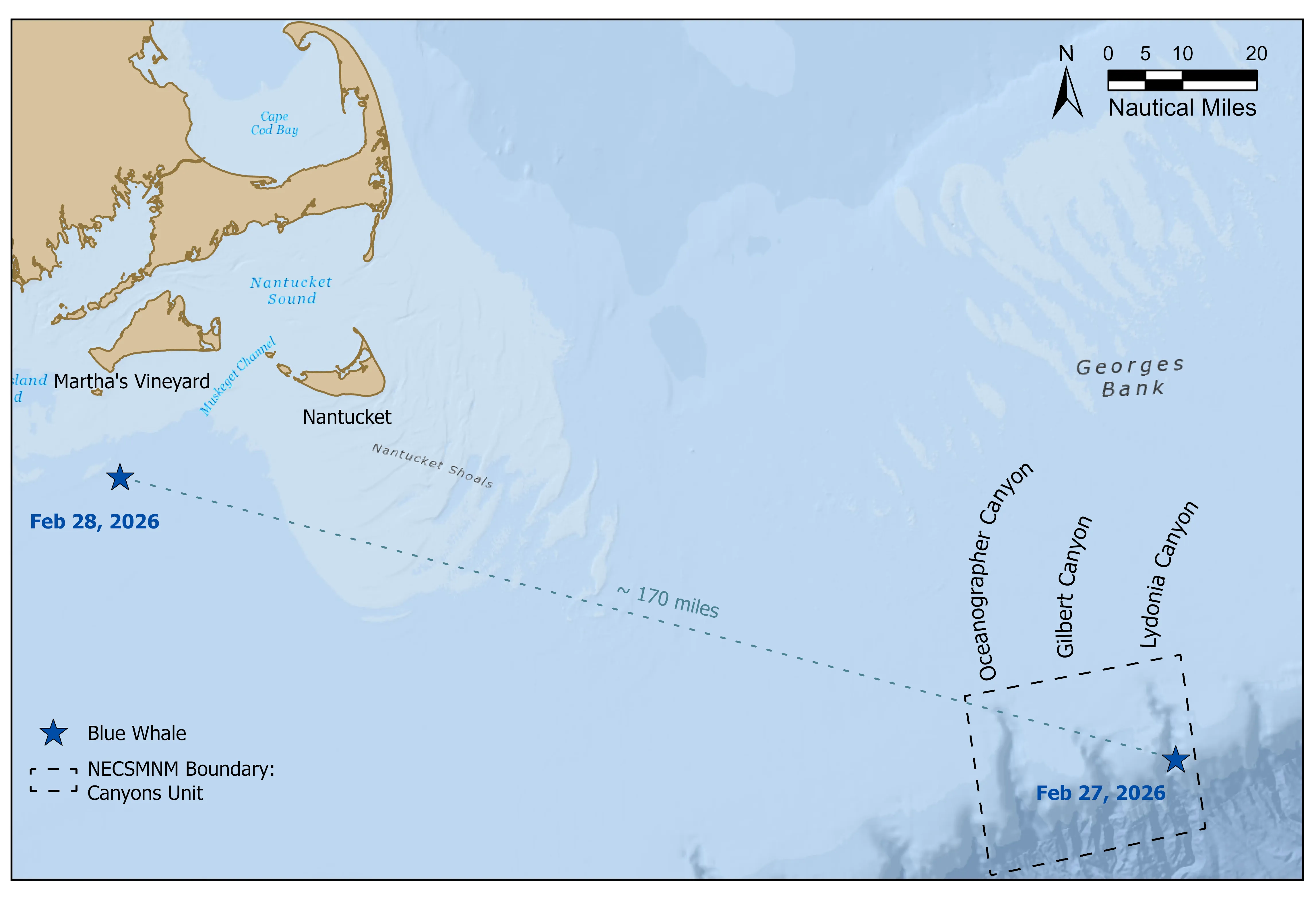 a map showing the southern coast of massachusetts. stars indicate where blue whales were spotted on february 27 and 28