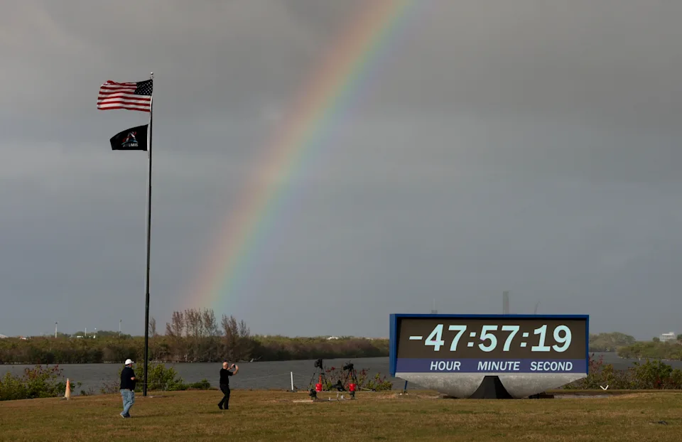 A rainbow appears above the countdown clock as NASA's Artemis II Space Launch System rocket and Orion spacecraft are prepared for launch on Launch Pad 39B at the Kennedy Space Center on March 30, 2026, in Cape Canaveral, Florida. / Credit: Joe Raedle / Getty Images