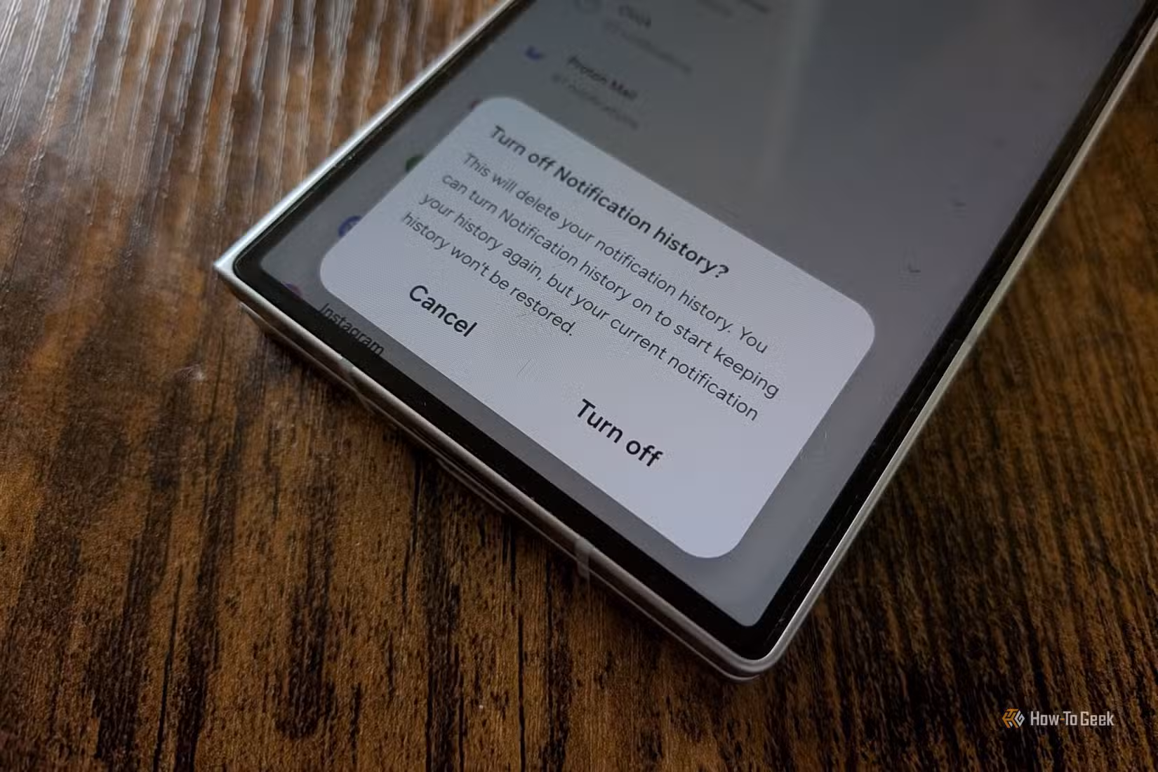 Prompt to delete notification history on a Samsung Galaxy Z Fold 6.