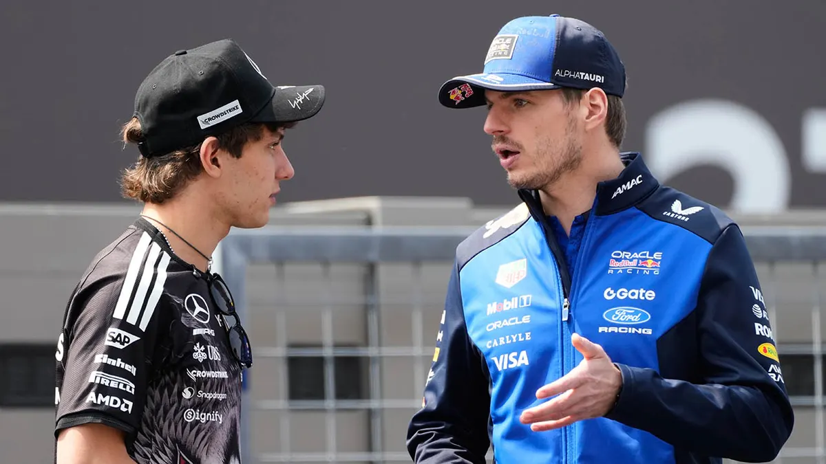 Max Verstappen talks to Kimi Antonelli