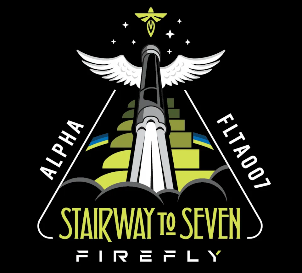 A black triangular mission path with a rocket with wings launching up some stairs.