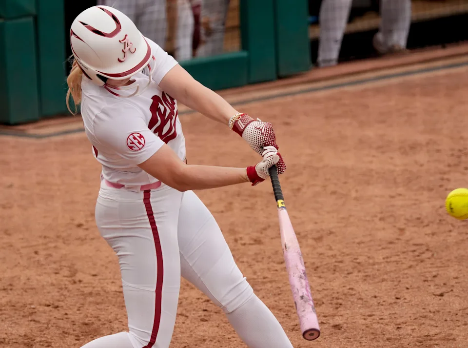 March 15, 2026; Tuscaloosa, AL, USA; Alabama batter Ambrey Taylor connects for a pinch hit home run at Rhoads Stadium. Alabama defeated Arkansas 4-1 to claim the series.