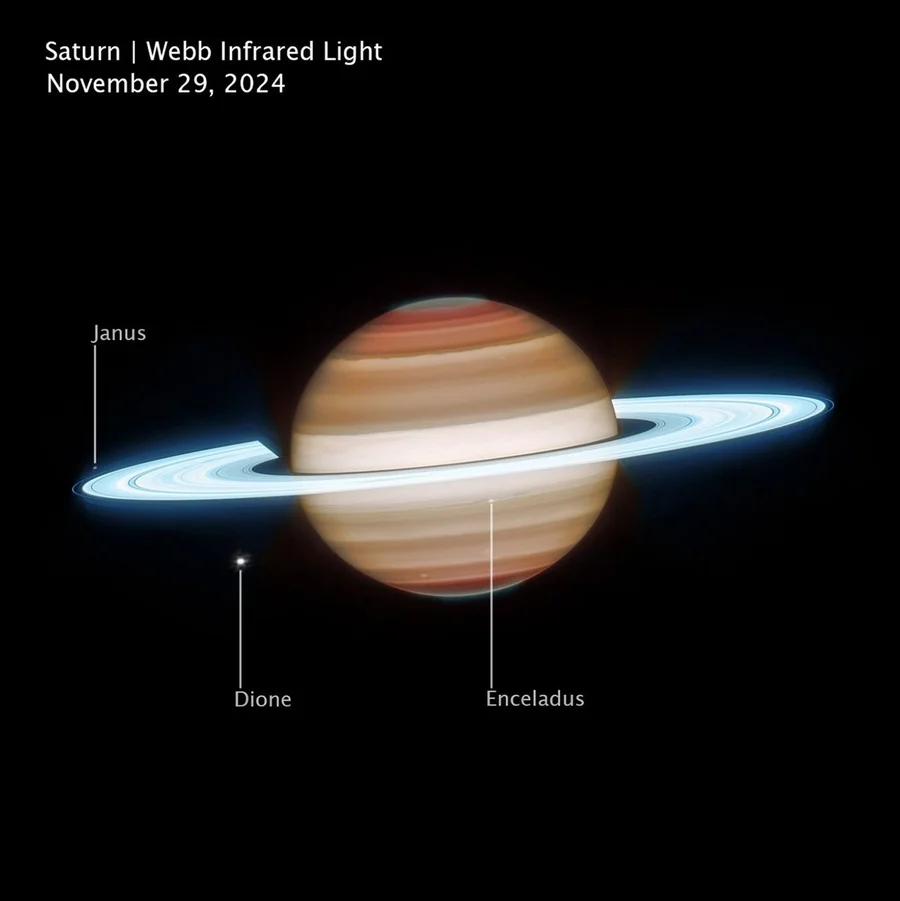Saturn in a reddish hue. Saturn’s rings appear exceptionally bright.