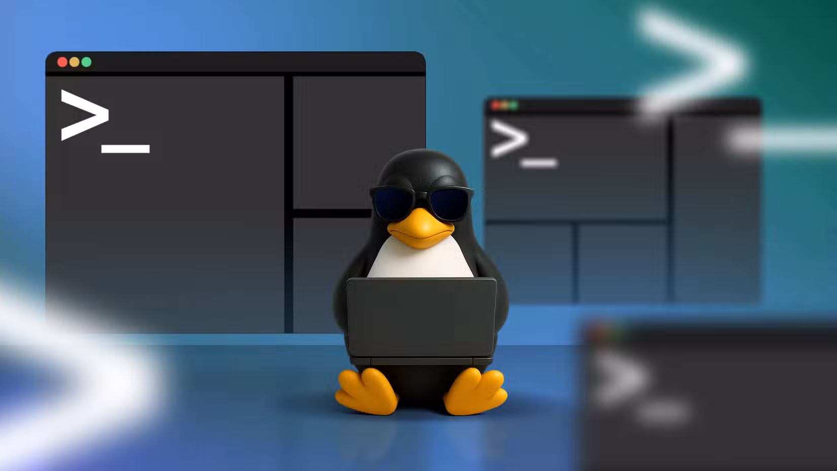 Linux mascot using a laptop with some multiplexer terminals around it.