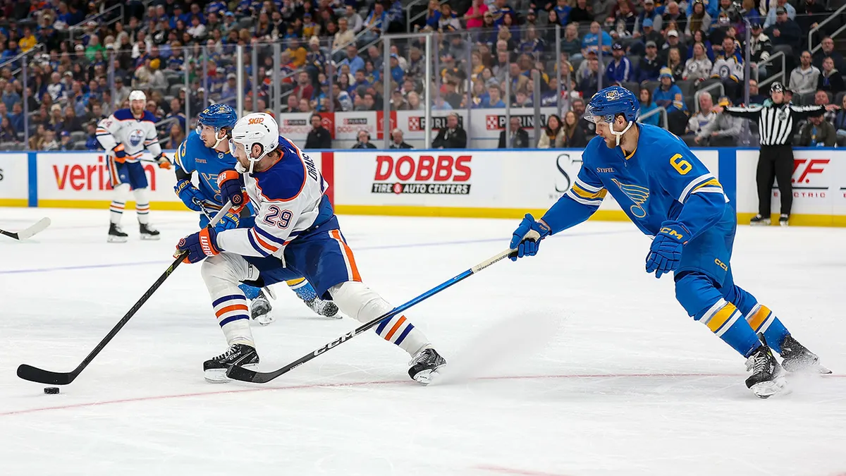 Leon Draisaitl goes up against the Blues