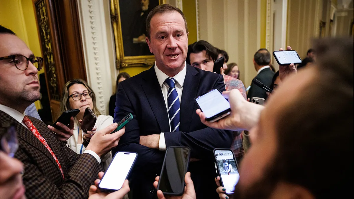 Sen. Eric Schmitt, R-Mo., outside of the Senate chamber