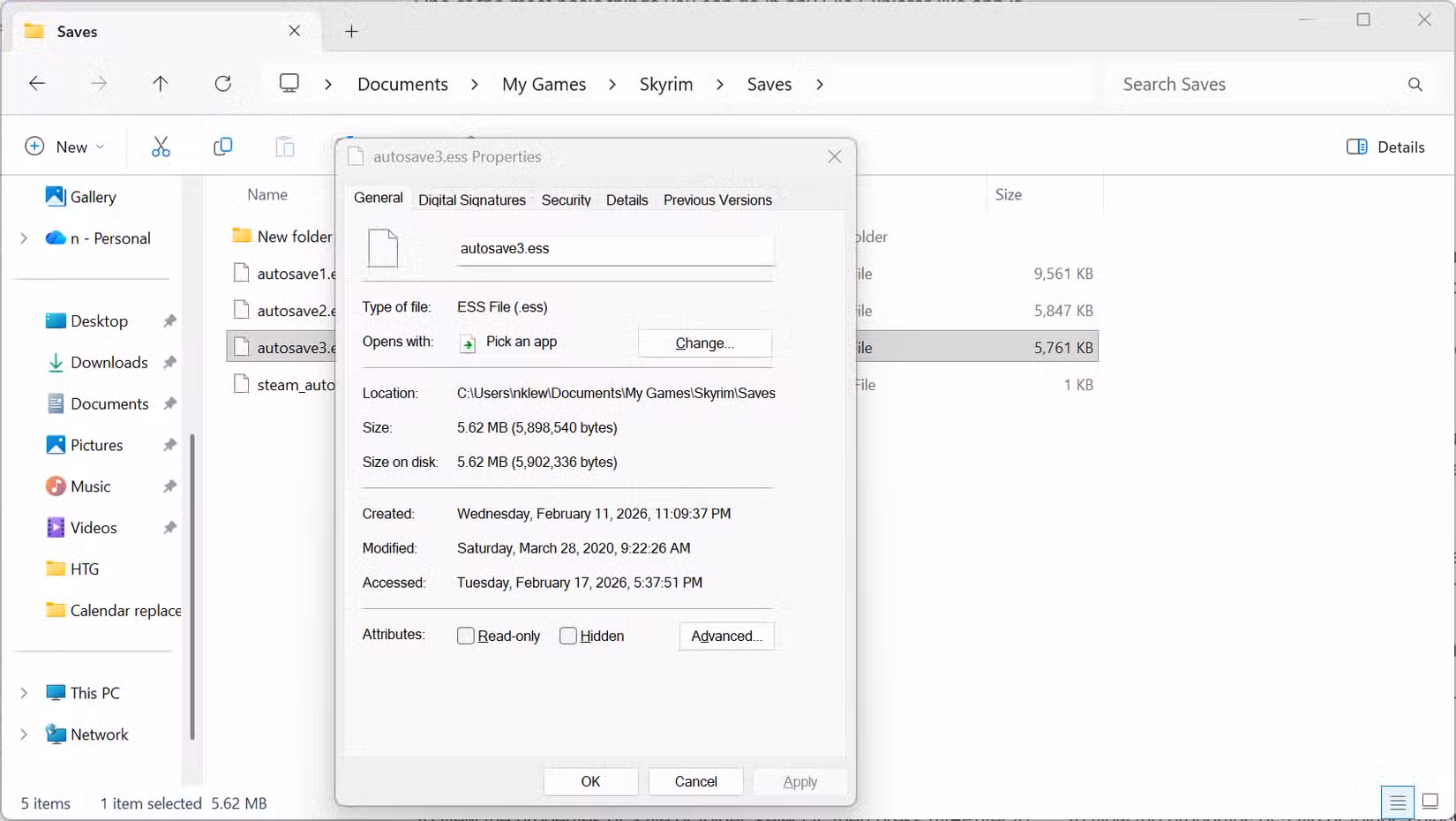 The properties window open on Windows 11.