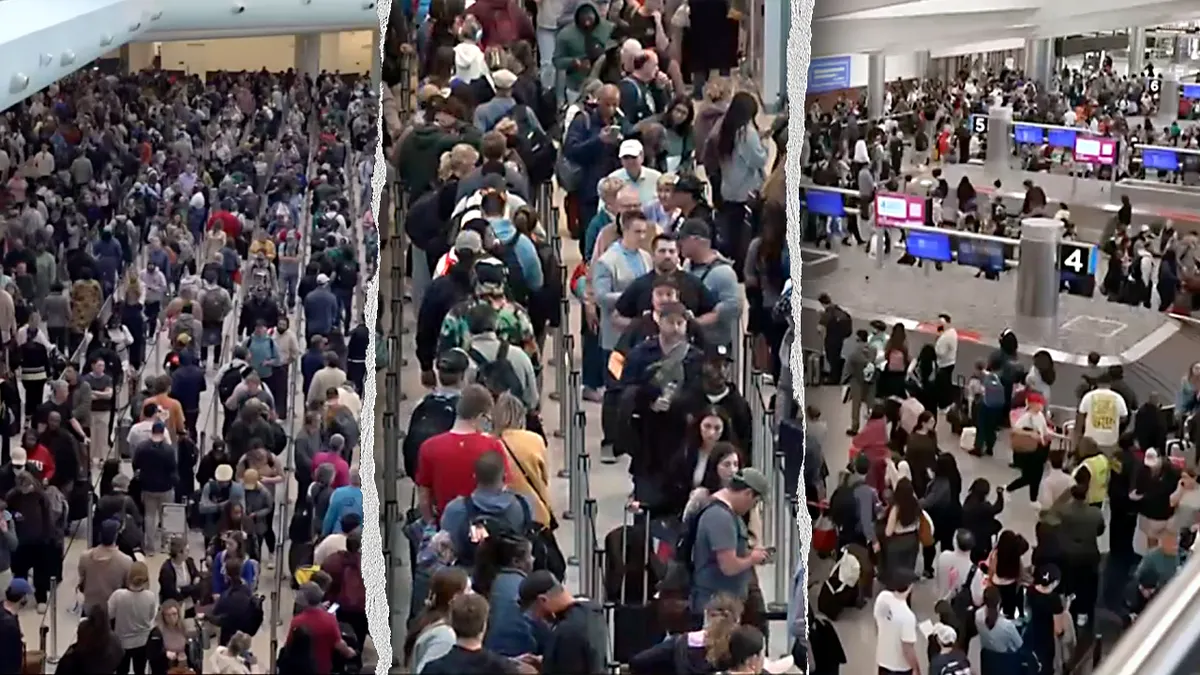 Three different scenes of long TSA lines are shown side by side.