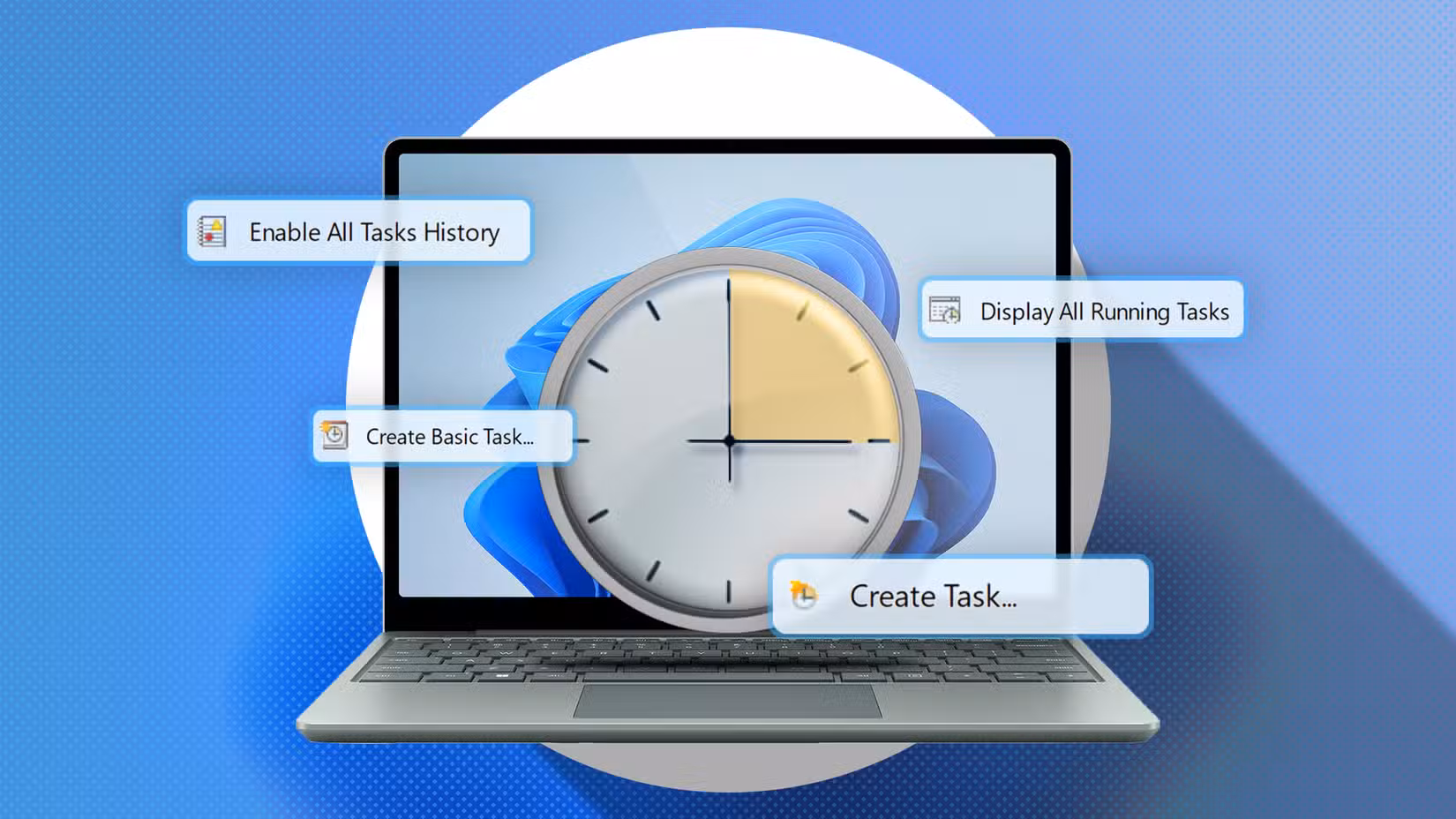 Windows 11 laptop and the Task Scheduler icon in the center.