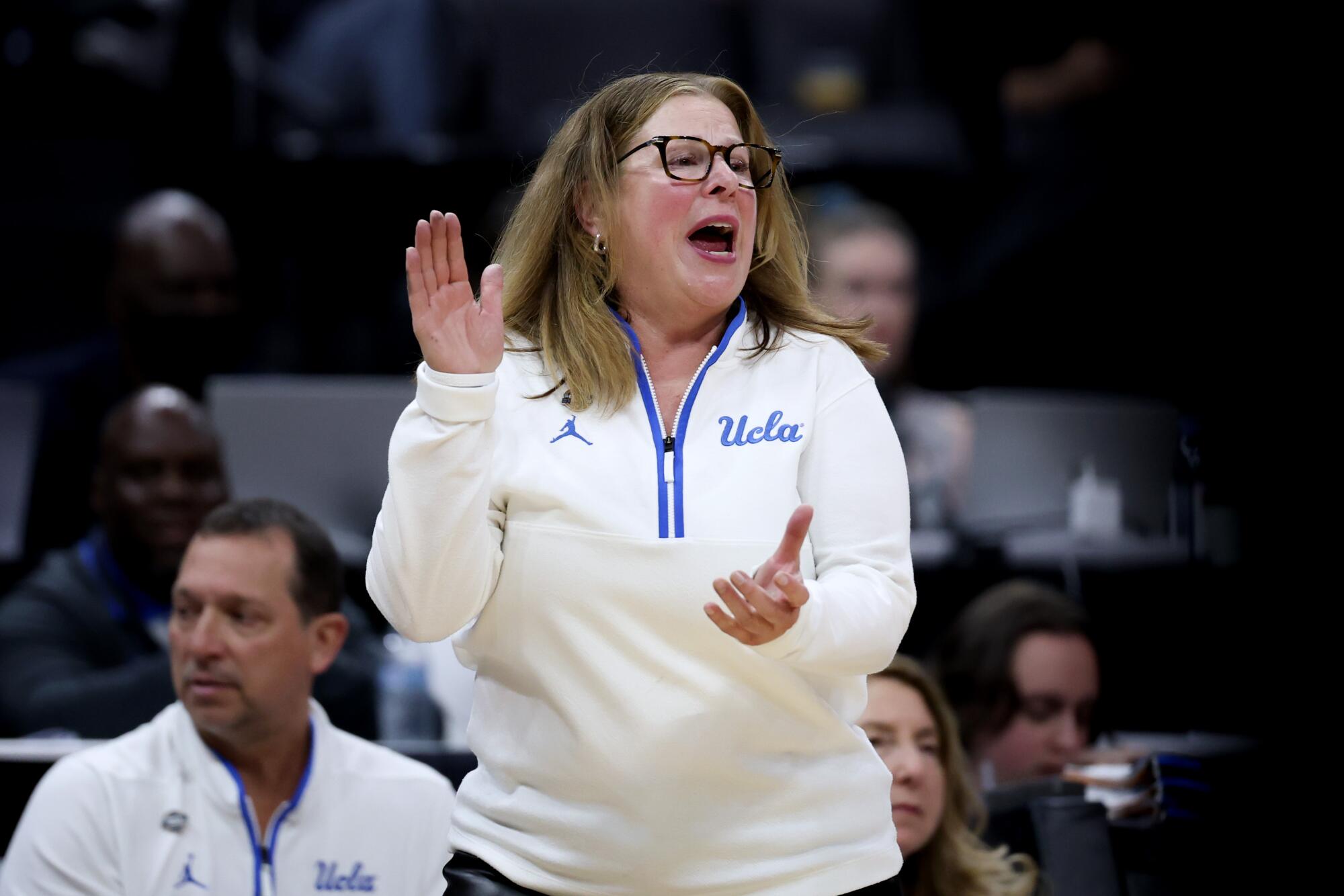 UCLA coach Cori Close instructs her players during a win over Minnesota in the Sweet 16.