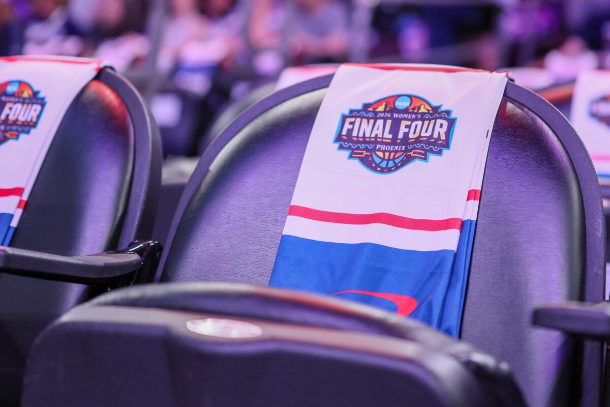 A towel with the women's Final Four tournament logo sits on a chair prior to the start of Final Four games.