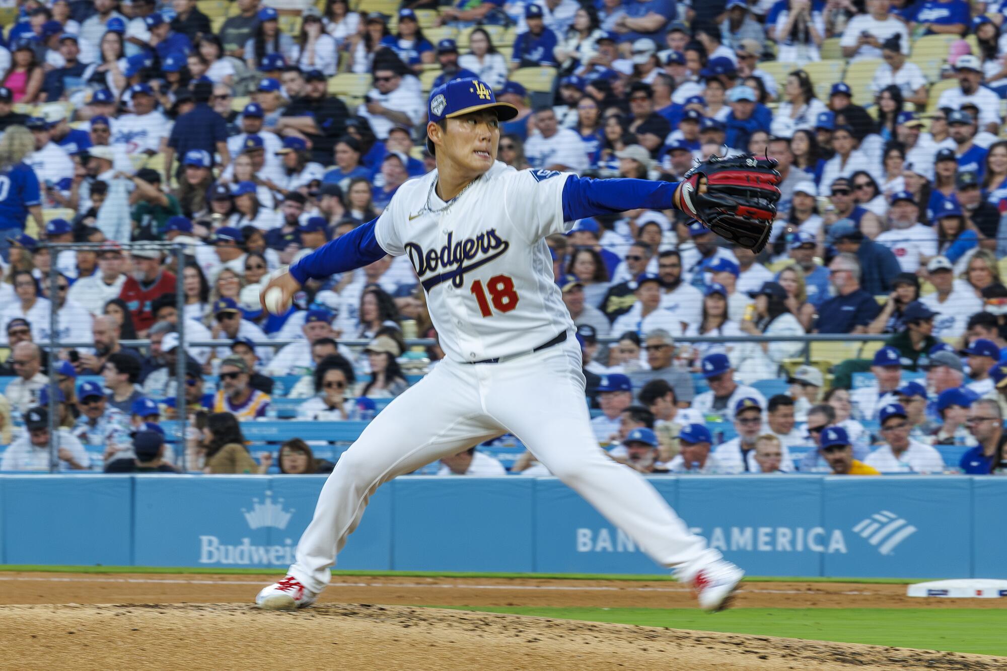 Yoshinobu Yamamoto pitches against the Arizona Diamondbacks on March 26 at Dodger Stadium.