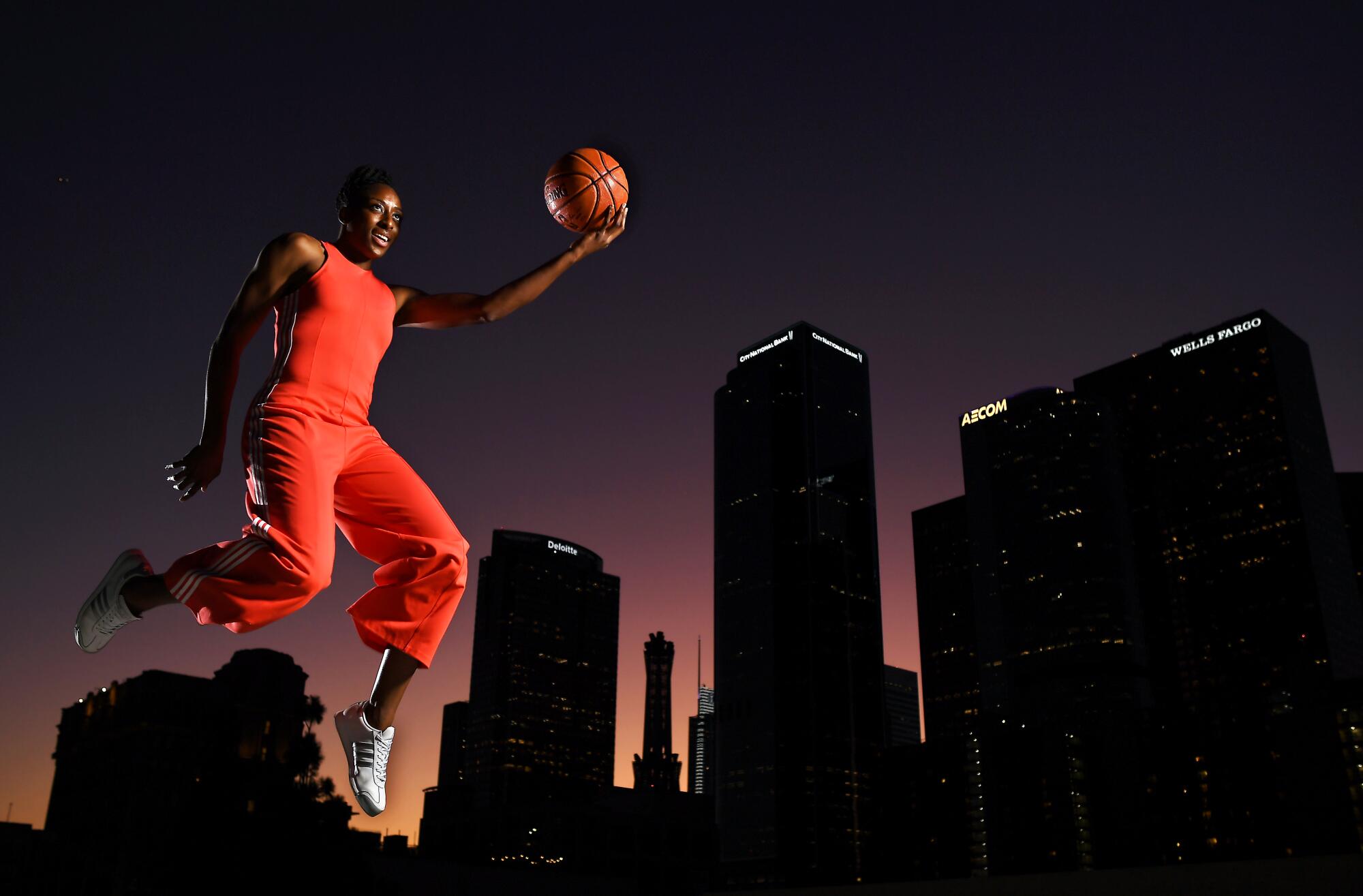 Nneka Ogwumike is photographed in downtown Los Angeles in 2019. 