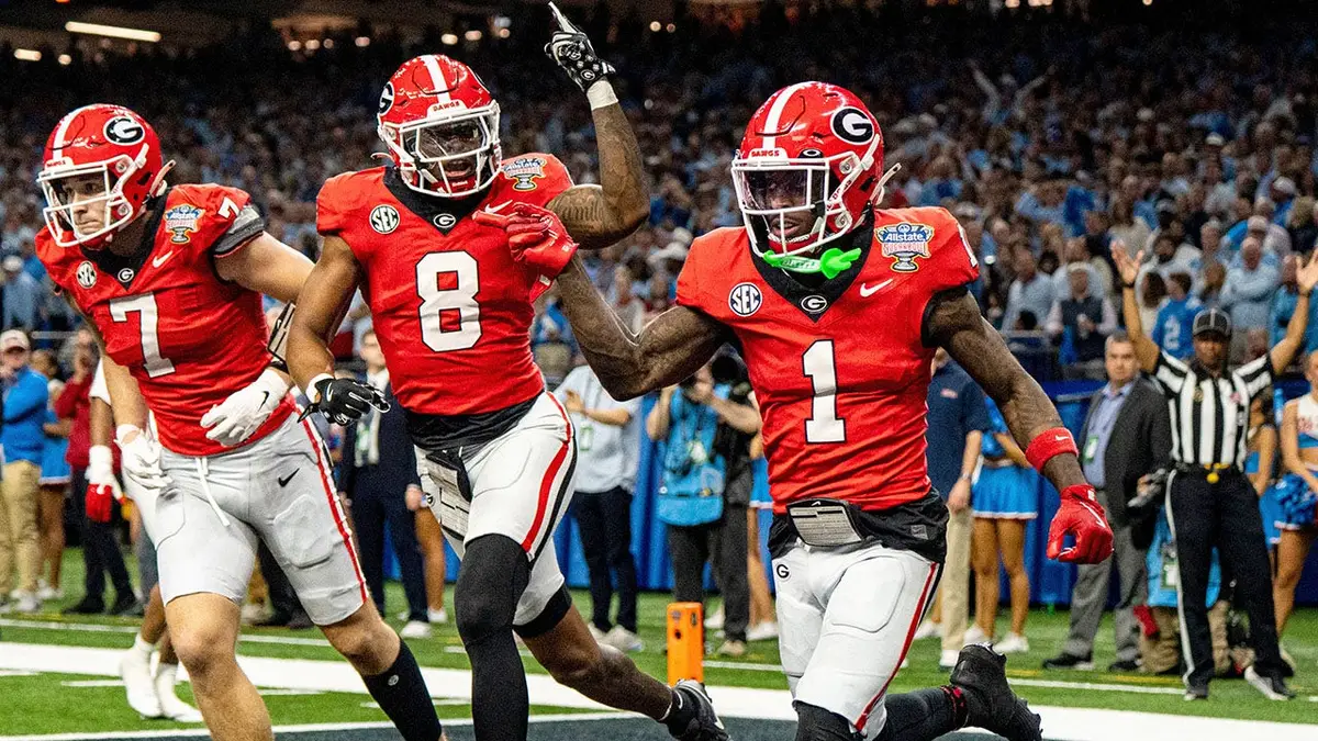 Georgia wide receiver Zachariah Branch celebrates touchdown with Colbie Young in Caesars Superdome