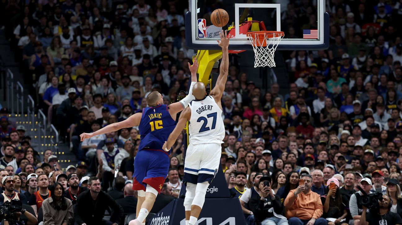 Rudy Gobert contains Nuggets' Nikola Jokic as Wolves tie series