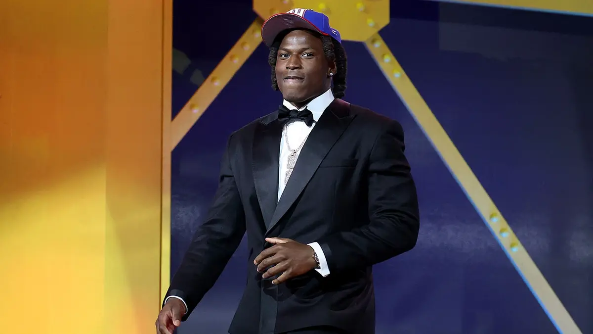 Arvell Reese celebrating after being selected by the New York Giants at the NFL Draft.