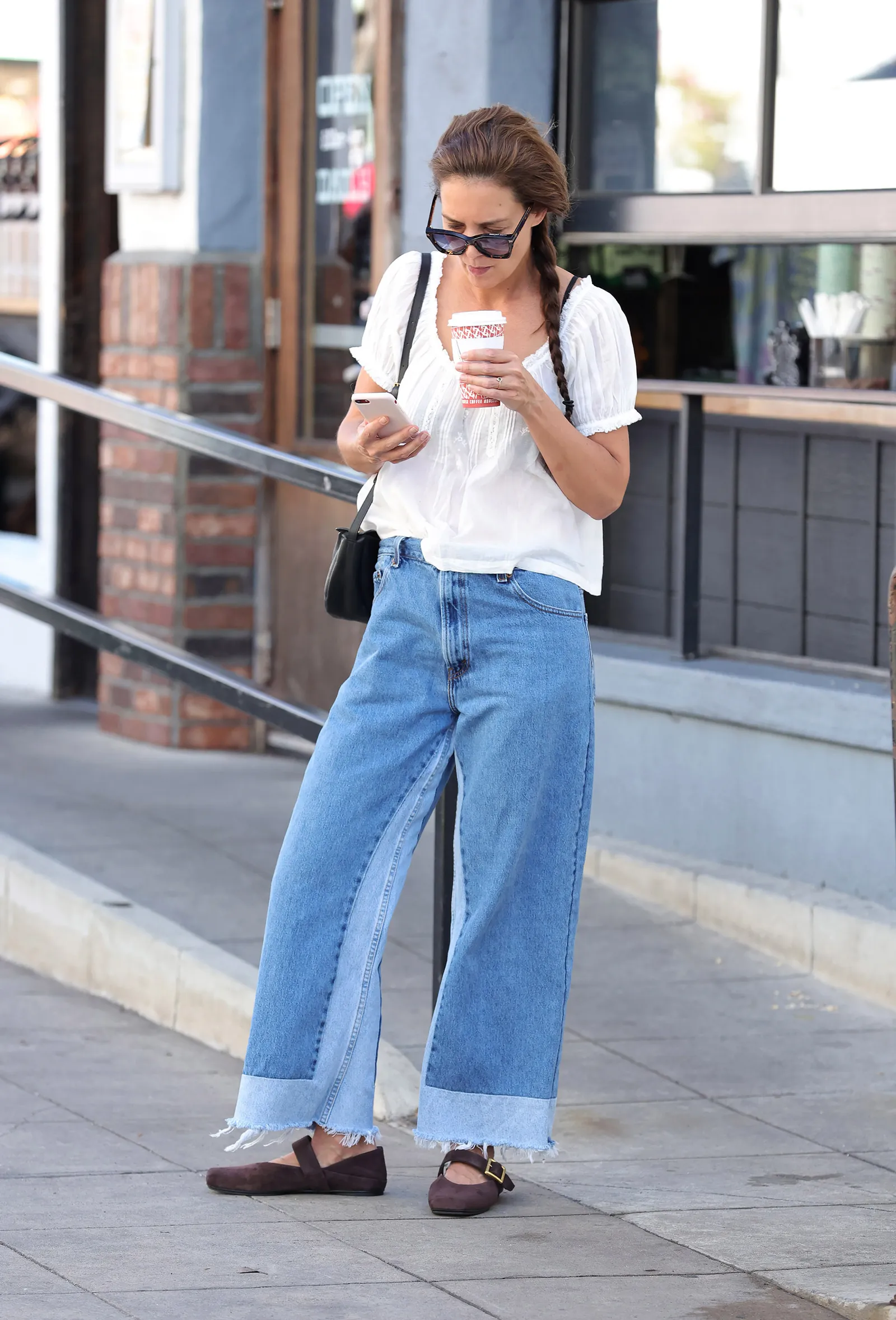 Katie Holmes Doubles Down on Wide-Leg Ankle Jeans With the Easiest Flats