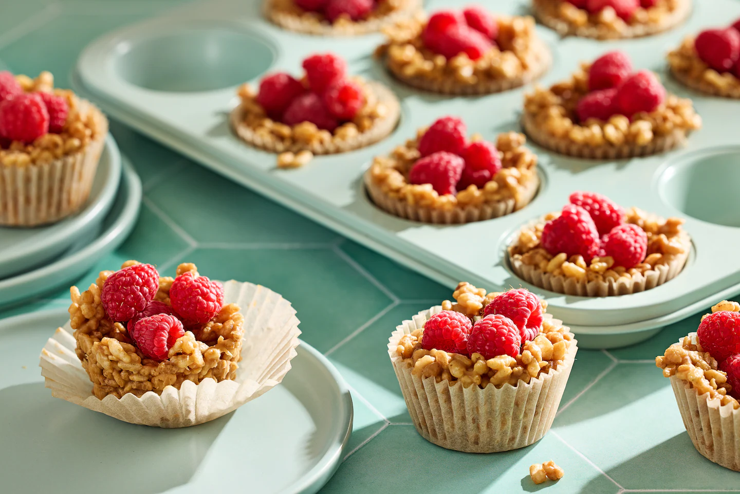 Crispy rice cups with raspberries riff on a childhood favorite