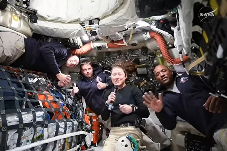 Artemis II crew members Jeremy Hansen, Reid Wiseman, Christina Koch, and Victor Glover answer questions from reporters during the first downlink event of their mission. April 2, 2026.