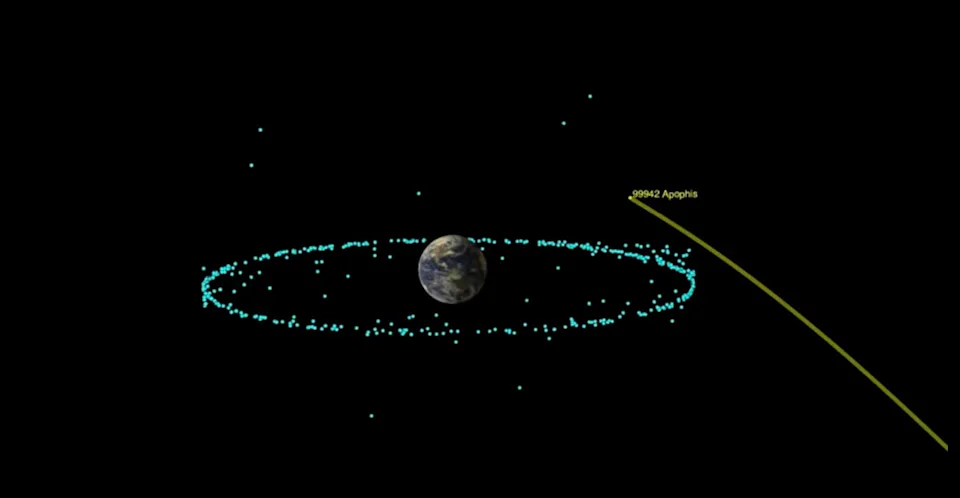This screengrab, taken from an animation created by NASA, shows the asteroid Apophis' close approach with Earth in 2029. / Credit: NASA