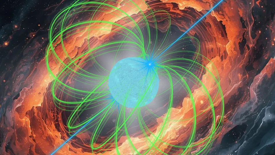  A blue ball is illustrated in the middle of lots of swirling dust and there are bright green loops protruding from the ball, representing the magnetic field. There's a blue line protruding from each of the ball's poles. 