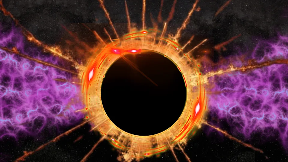  A black circle surrounded by yellow and orange light. The background has purplish lights moving horizontally. 