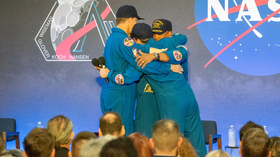 The Artemis 2 astronauts in Houston on April 11, 2026.