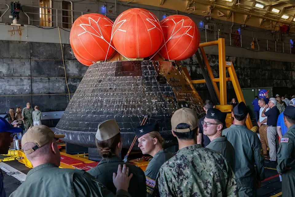 The Artemis II Orion Capsule aboard the USS Murtha at Naval Base San Diego on April 11, 2026. (Sandy Huffaker / Getty Images)