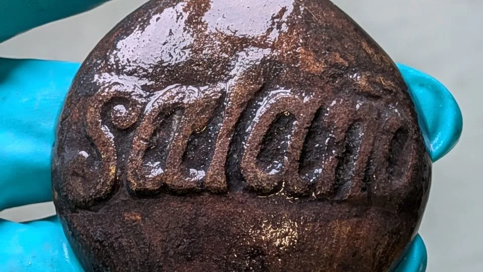 A uniform badge found at the scene of the wreckage. - The Viking Ship Museum in Roskilde