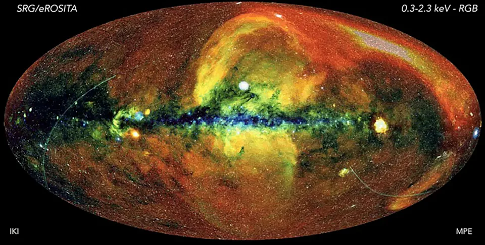 A wide map with a bluish pattern in a line going horizontally through the center. There are red, yellow, orange and green splotches throughout.