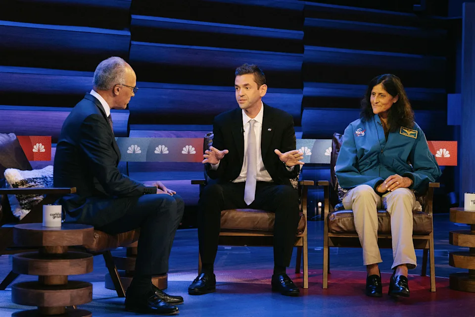 Lester Holt with NASA Administrator Jared Isaacman and former NASA astronaut Sunita Williams in Washington on Thursday. (Caroline Gutman for NBC News)