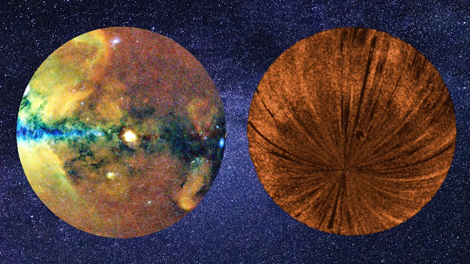  On the left, a circle shows colorful blobs that make sort of a line pattern in the center. On the right, streaks move outward from a central point. 