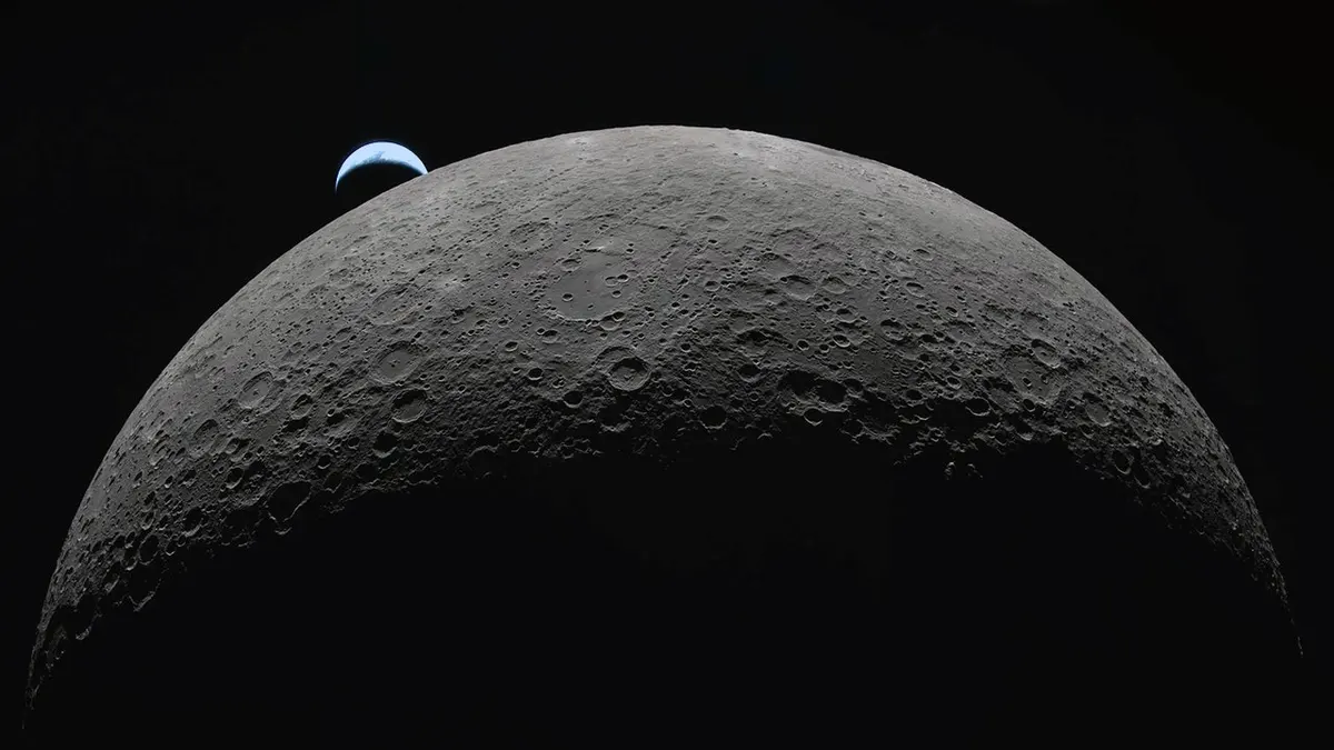 View of Earth from the far side of the Moon as captured by the Artemis II capsule's crew on April 6, 2026.