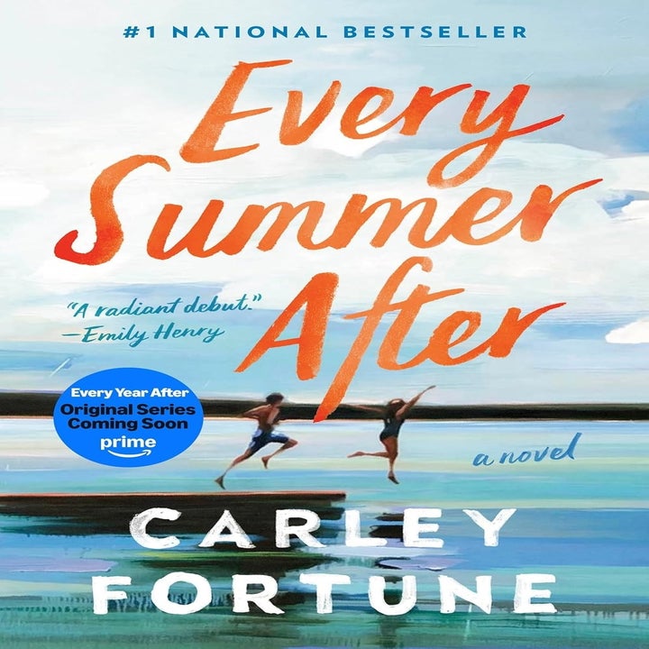 Book cover for "Every Summer After" by Carley Fortune, featuring two people running near water, and note about an upcoming TV series adaptation